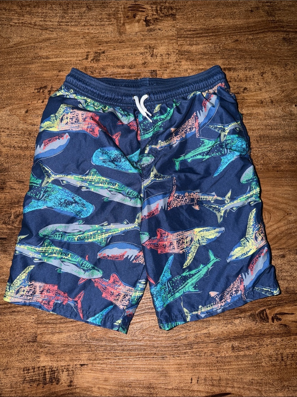 Navy Shark Print Swim Trunks size 12 kids
